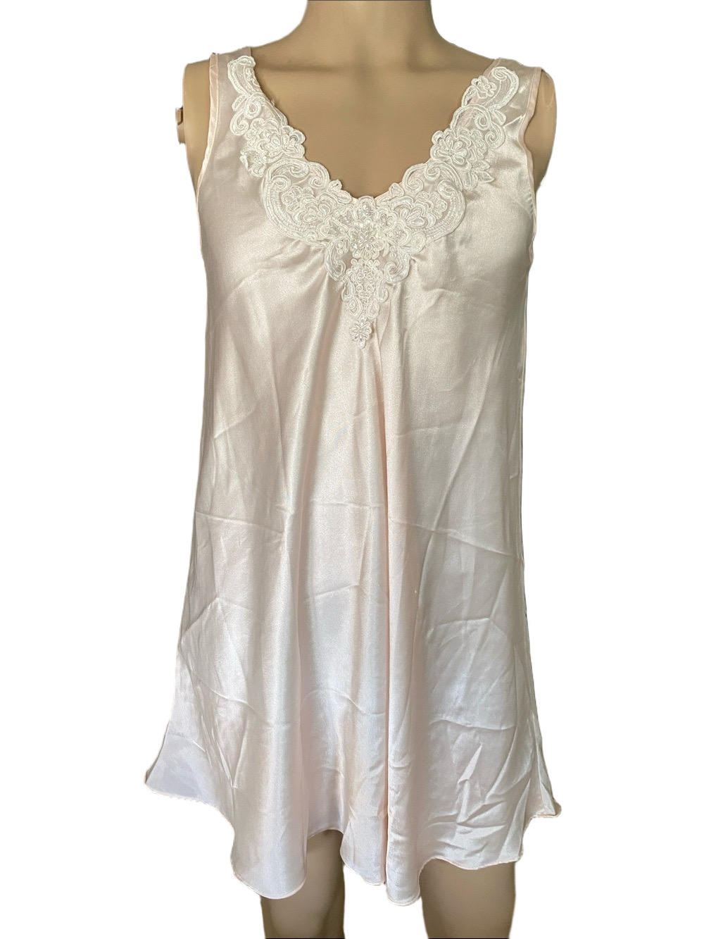 Bali Lace-Trim Vintage Satin Chemise in Pale Pink